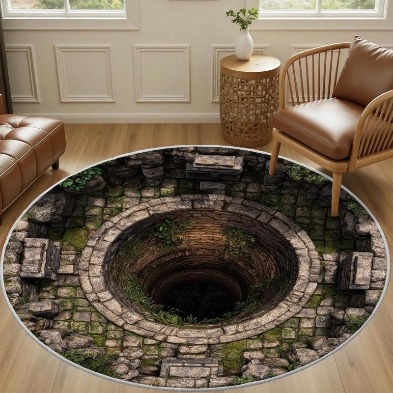Ancient Stone Pit Illusion Round Area Rug Non-Slip Floor Mat for Living Room Bedroom Rustic Home Decor