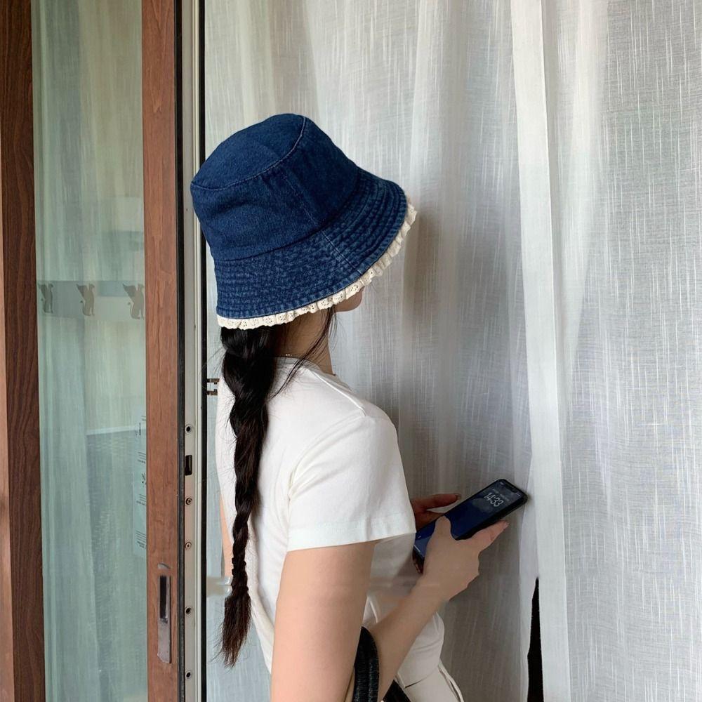 Y2K Lace Fisherman Hat Sunscreen Panama Hat Retro Denim Bucket Hat  Climbing