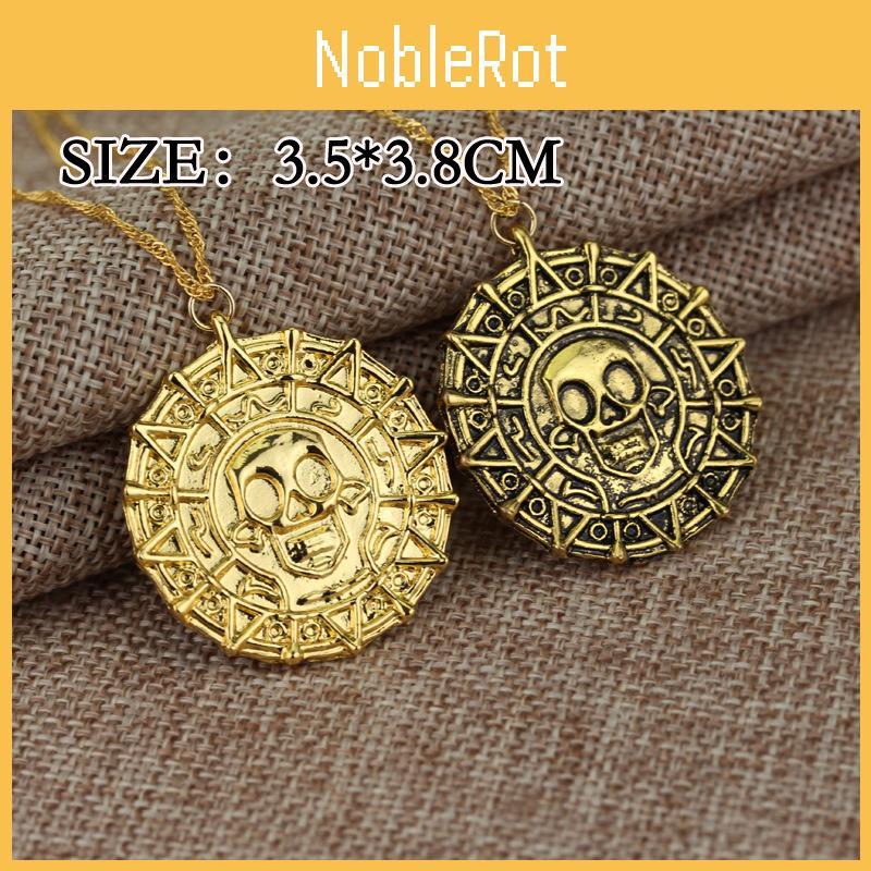 Pirates Of The Caribbean Aztec Gold Coin Necklace For Men With Skull Pendant And Water Wave Chain