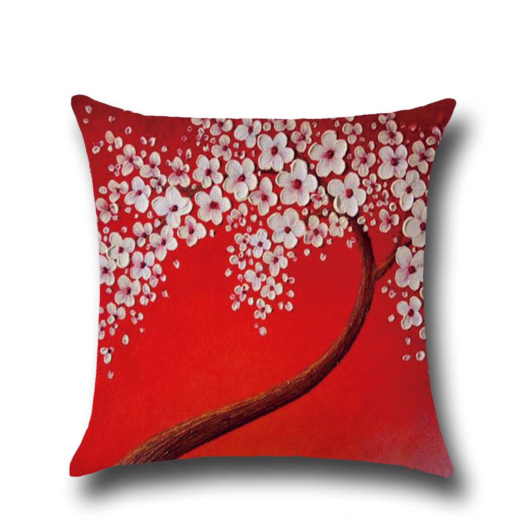 Three-dimensional Oil Painting Trees Flowers Cotton Linen Cushion Pillow Case Car Waist Cushion Cover