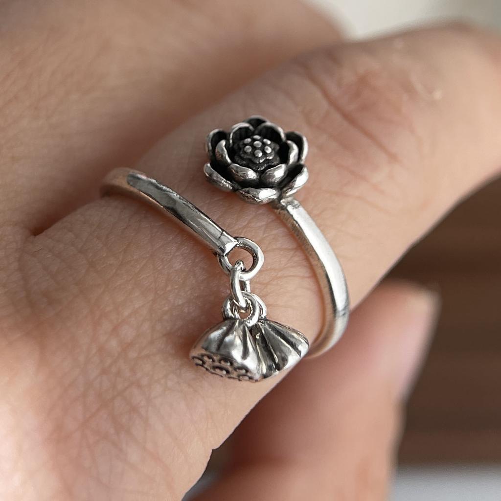 925 Sterling Silver Rings for Women Couple Minimalist Handmade Simple Wide Flower Retro Ring Fine Jewelry Gift Prevent Allergy