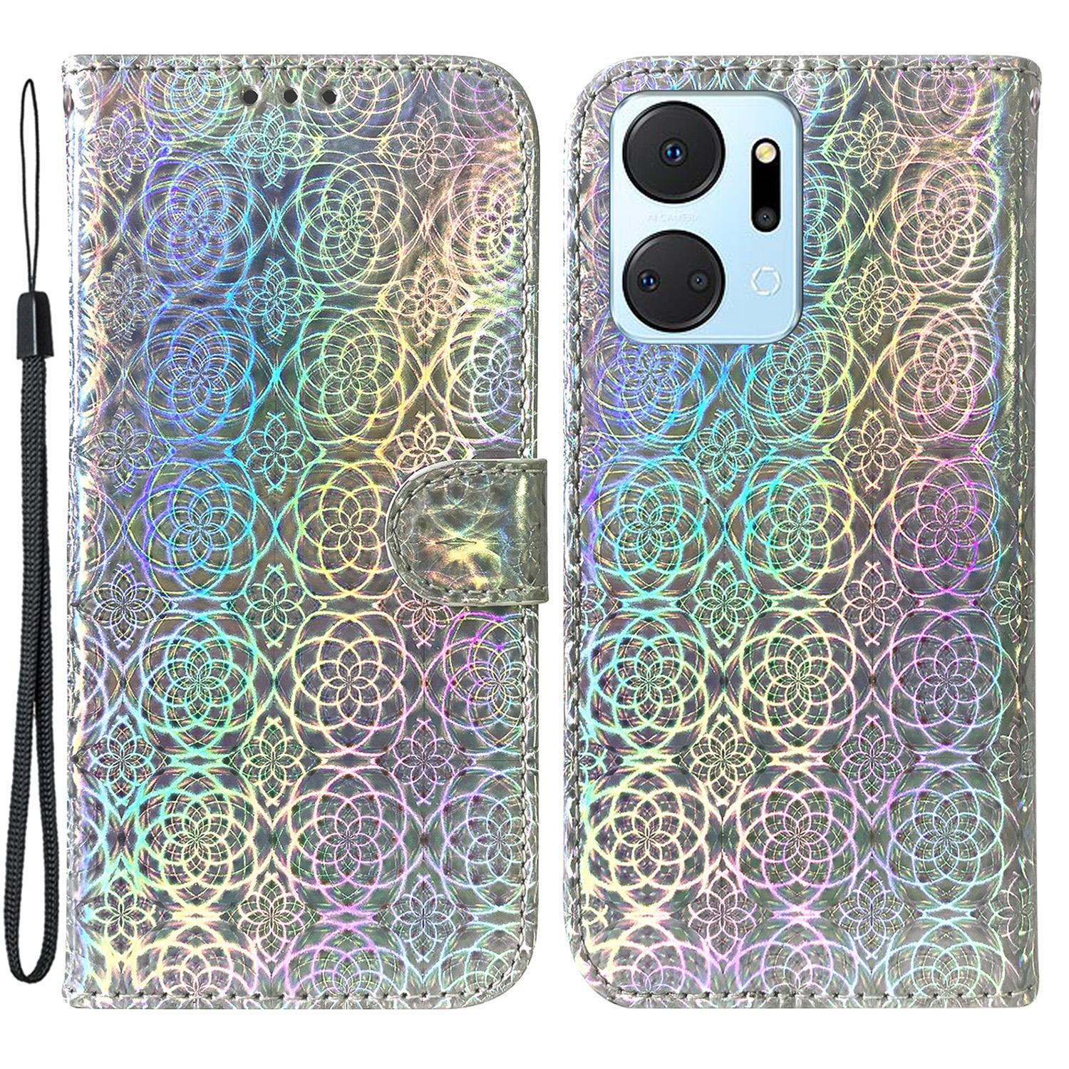 

For Honor X7a 5G Leather Dazzling Flower Pattern Wallet Case Stand Magnetic Closure Flip Phone Cover with Strap Grey