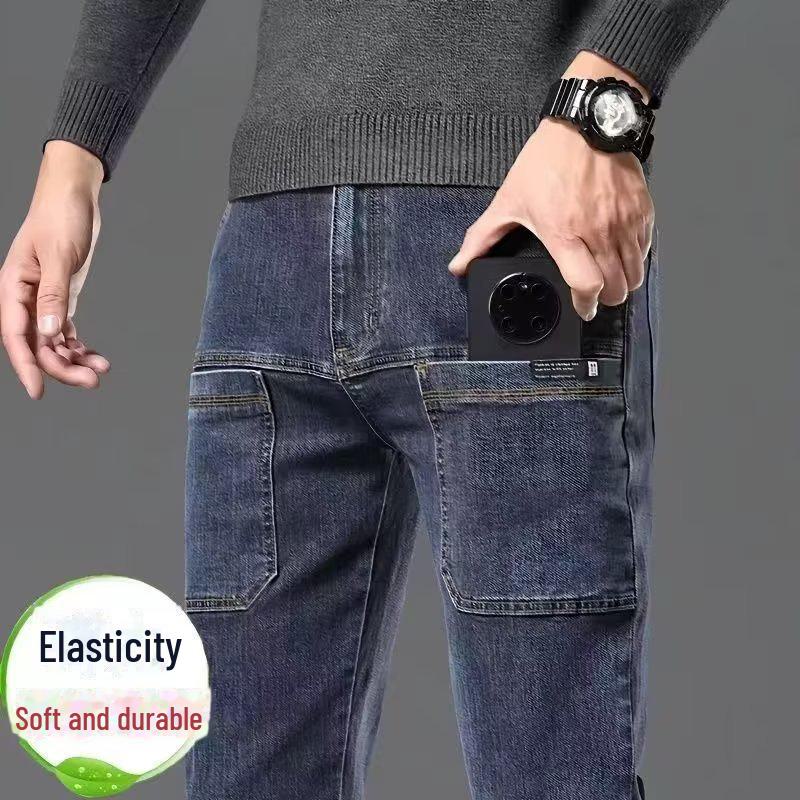 

Эластичные мужские узкие прямые джинсы с множеством карманов — модные и универсальные для повседневной моды на осень/зиму 32