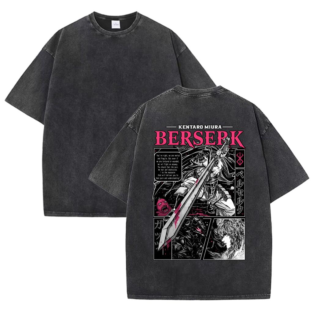 Men Berserk Japanese Anime Graphic T-shirt Vintage Washed Oversized Short Sleeve Top Casual Loose Tees