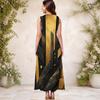 Women Plus Size Keyhole Neck Sleeveless Printed A Line Long Dress Dark Green And Gold