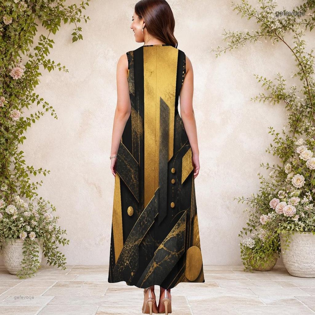 Women Plus Size Keyhole Neck Sleeveless Printed A Line Long Dress Dark Green And Gold