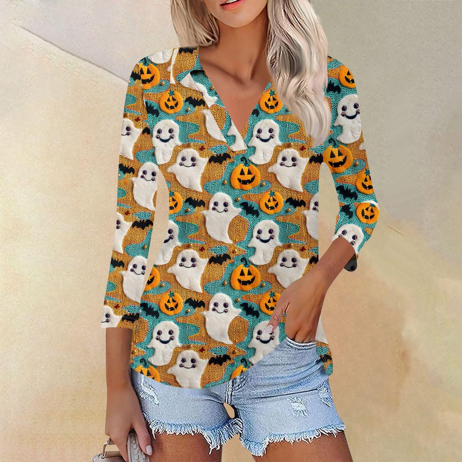 

Женская модная повседневная рубашка с V-образным вырезом и рукавом 3/4 на Хэллоуин XL жёлтый