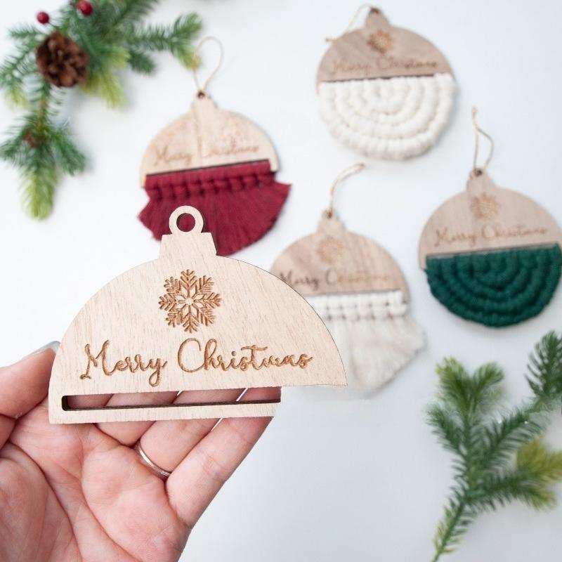 Drewniana ozdoba makrama pleciony sznurek wiórki drzewne płatek śniegu DIY choinka okrągła dekoracja