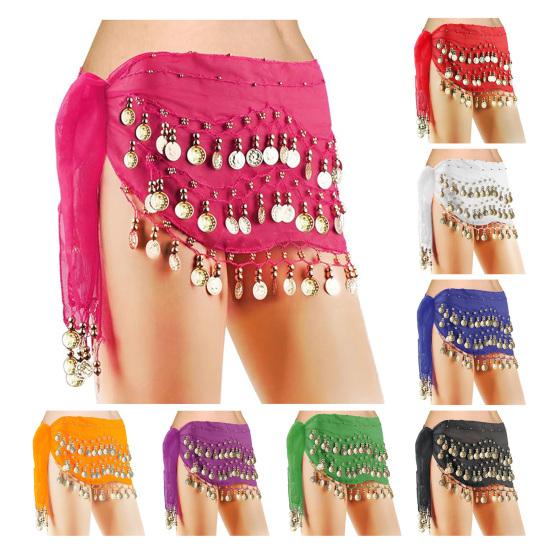 Belly Dance Hip Scarf Women Waist Scarf Belly Dance Skirt with 98 Golden Coins Knot Tying Hip Wrap for Dance Training Performance Beach Wear