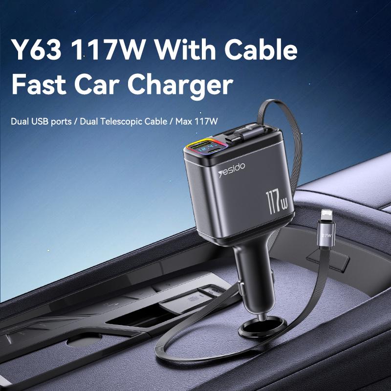 

YESIDO Y63 117W Fast Charging USB-A+Type-C Dual Port Car Charger with Retractable Cables As Shown A