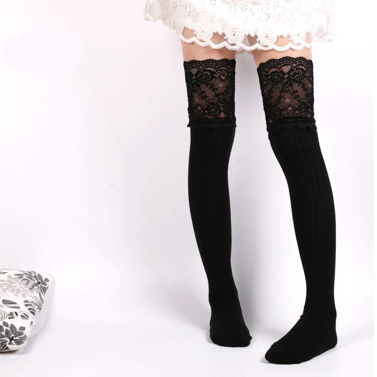 Autumn Winter Japanese Style Women s Over-The-Knee Slouch Socks Extended Cotton Thigh-High Socks Lace Trim Knitted Socks S чёрный