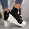 Fashion Black High Top Canvas Sneakers Shoes for Women Classic Platform Wedge Heel Casual Shoes Woman Fashion Zipper Lace Up Ankle Boots