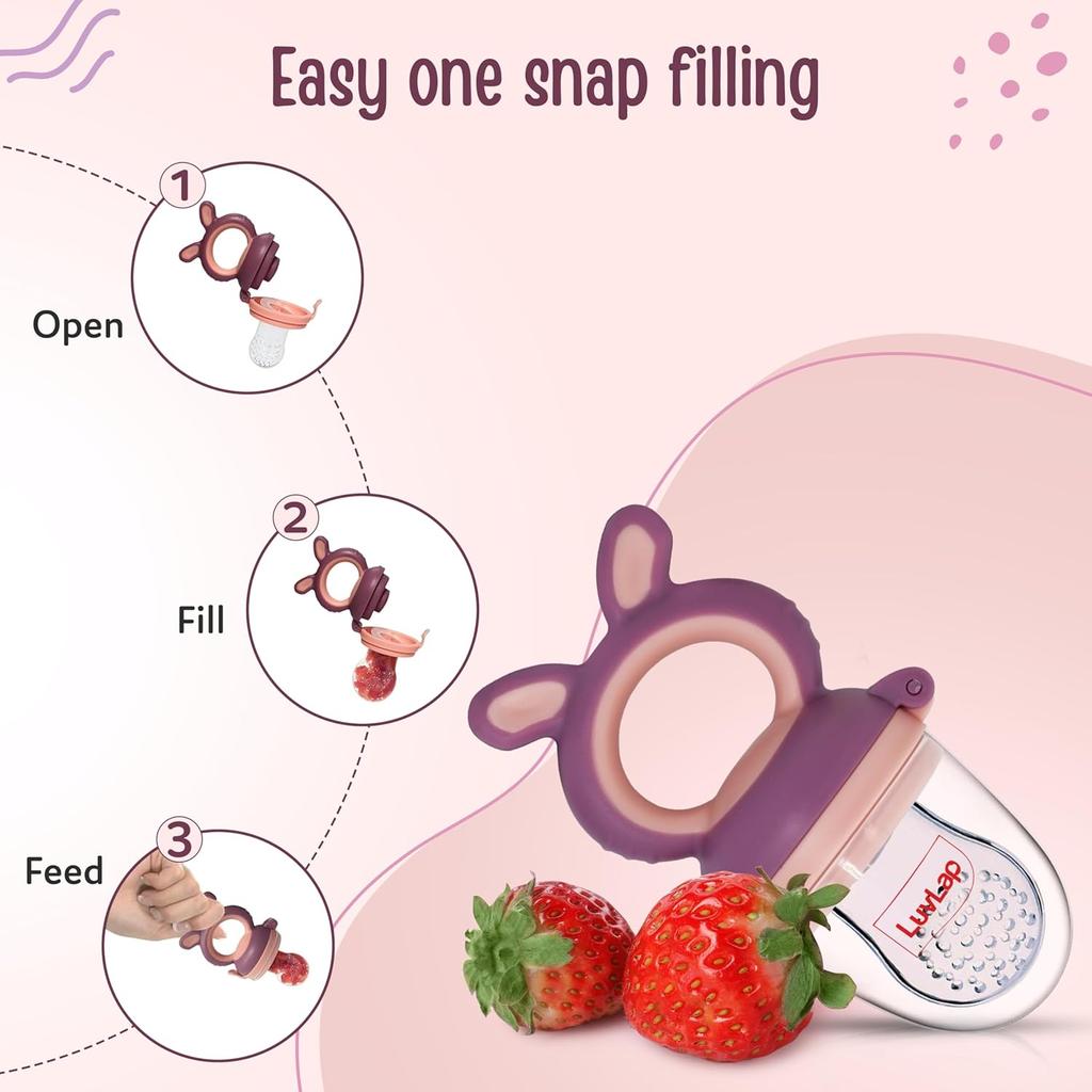 LuvLap Silicone Food Nibbler With Extra Mesh Soft Teether Feeder For Baby Infants Safe BPA Free Bunny Design Violet Pink Pack of 2