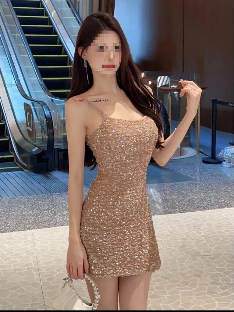 Sequin Sparkle Spaghetti Strap Dress - Glamorous Waist-Cinching Party Skirt
