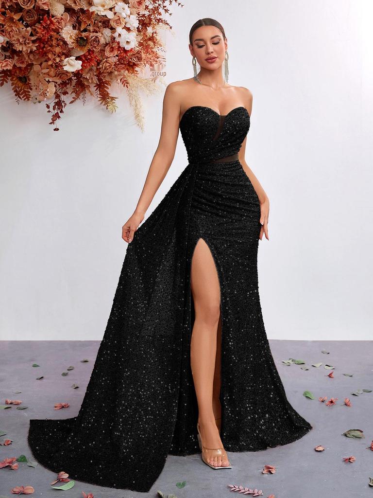 Sequined Strapless High-Waisted Mermaid Evening Gown