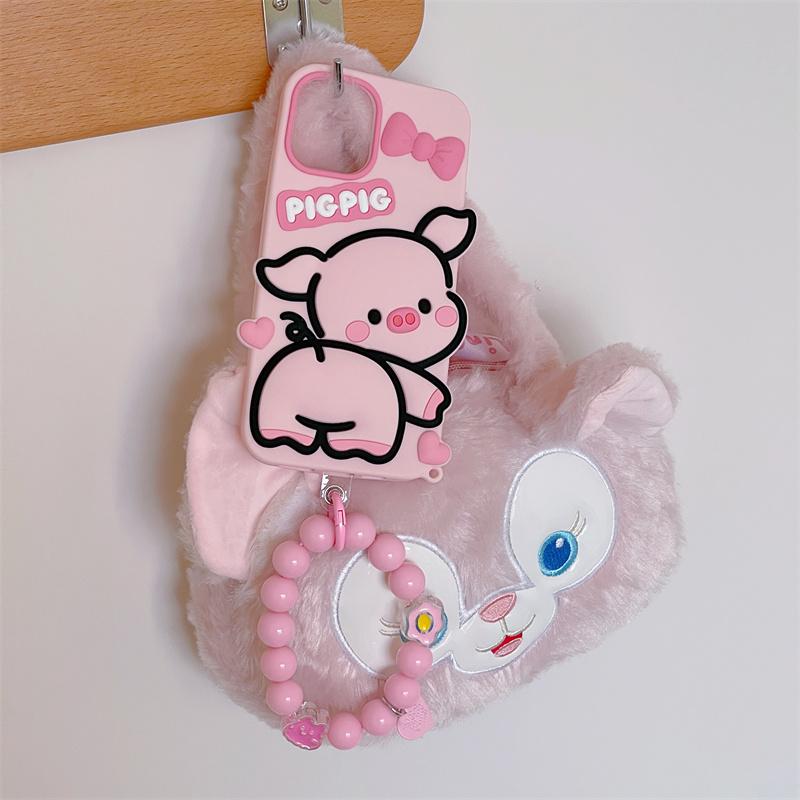 Supersöt 3D Ass Pink Big Ears Pig + Heart Armband Silikonfodral till iphone 14 Pro Max Fodral 11 12 13 Pro Max Xs Xr 7 8 Plus X skal