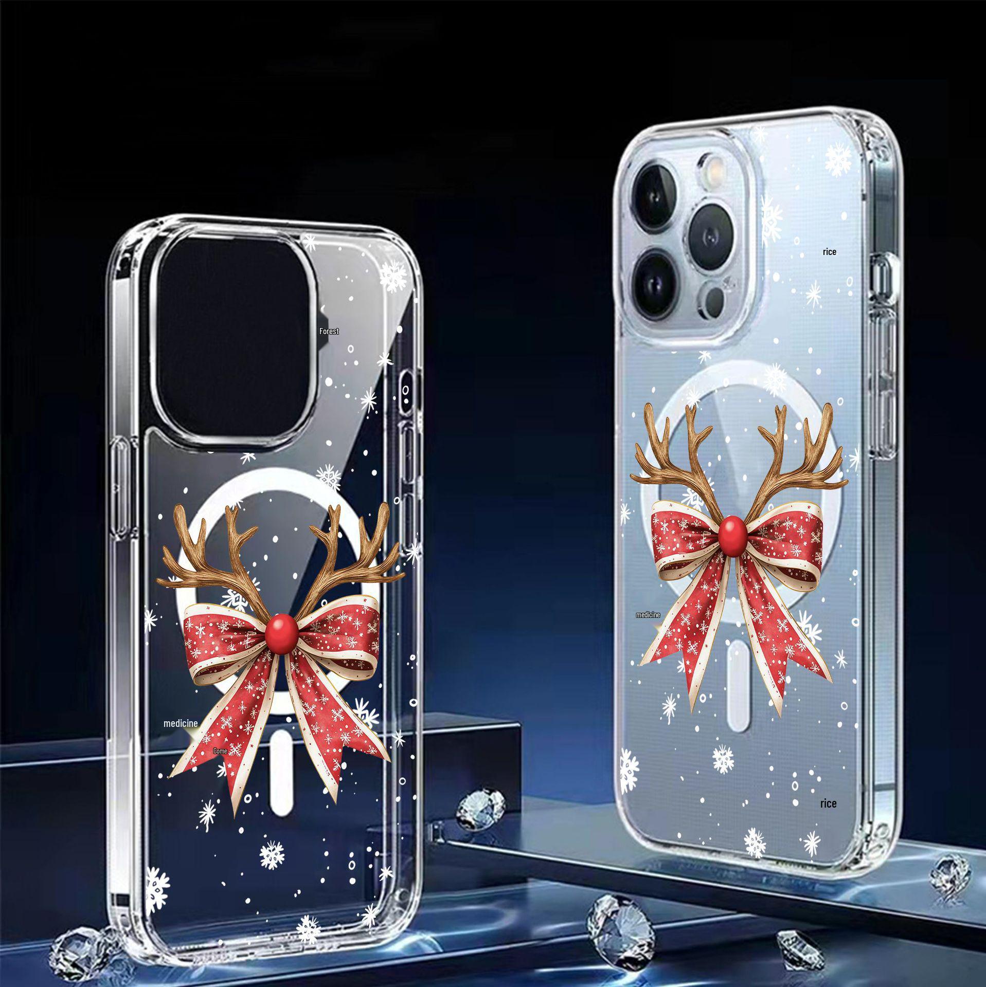 Bowknot Antler Magnetic Transparent Case for iPhone 15/16/17 Pro Max iPhone 14 Pro Max