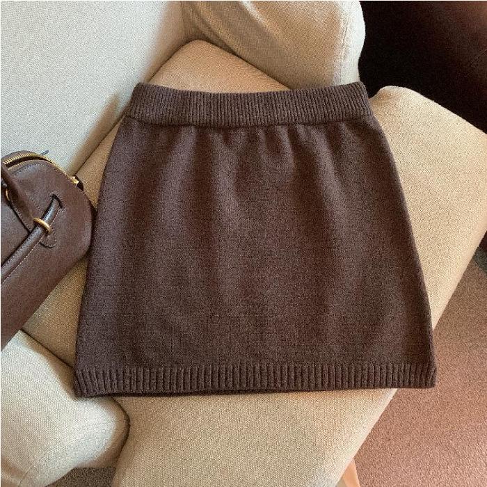 Pure Desire Koreanischer dicker Strick-Midirock - Herbst/Winter Retro Elastischer hoher Bund, Petite A-Linie Bodycon für Damen