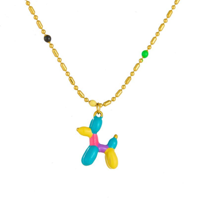 Gold Plated Colorful Balloon Dog Pendant Necklace for Women Stainless Steel Enamel Beaded Chain