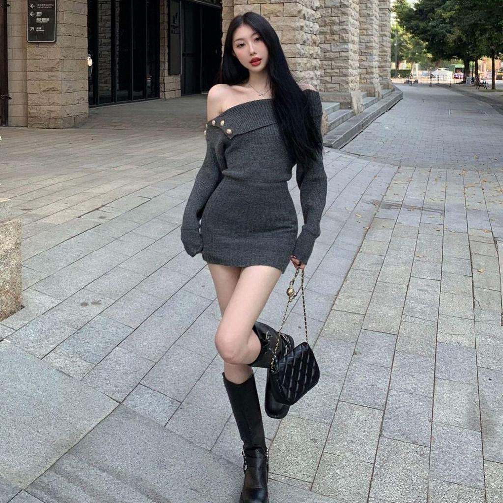 Slim-Fit One-Shoulder Knitted Dress: Sexy, Waist-Cinching, Long-Sleeved, Irregular Hem, Short Skirt for Women’s Autumn Style