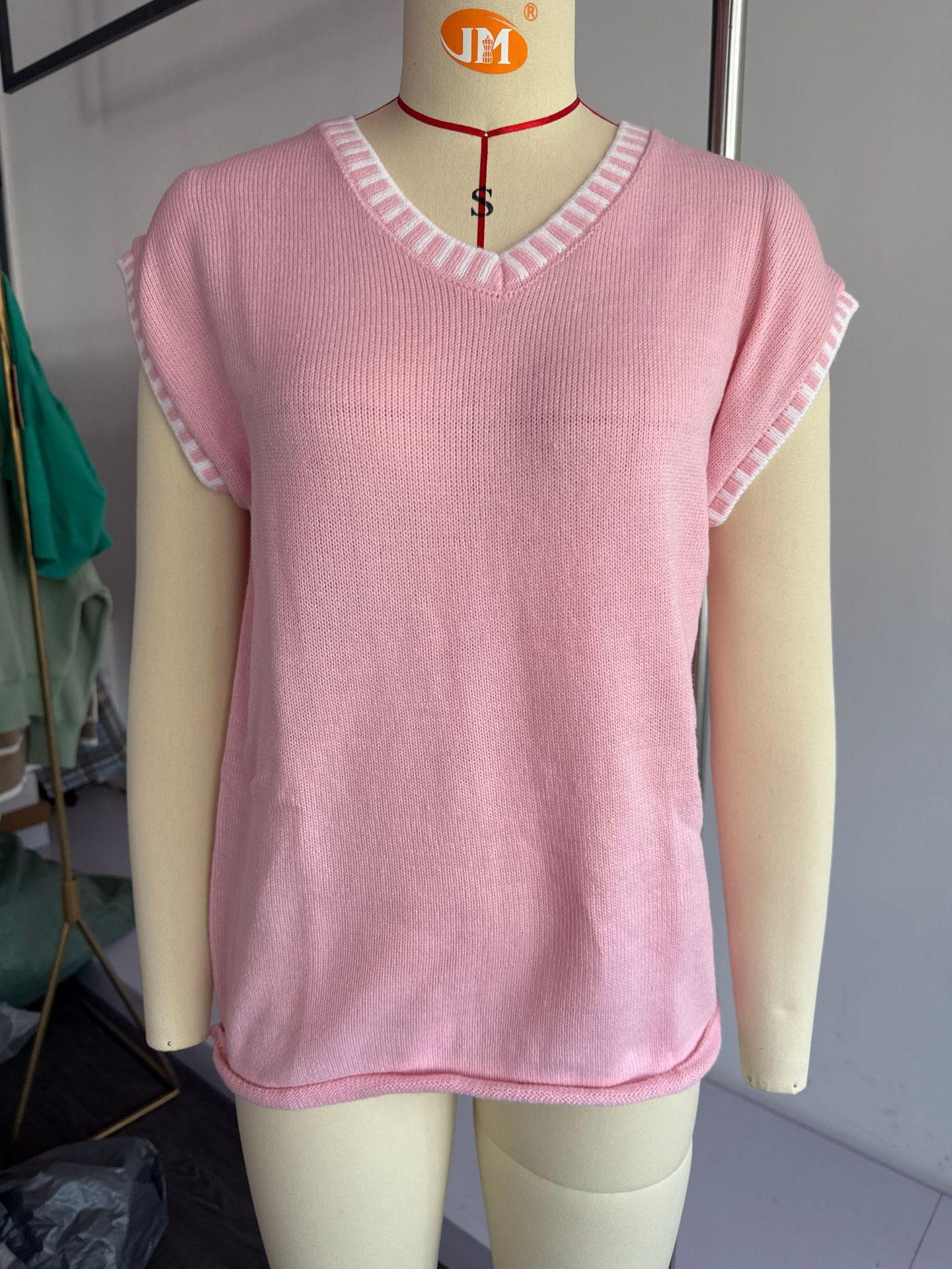 

2025 летняя новая женская одежда пуловер с V-образным вырезом и коротким рукавом в полоску трикотажный с коротким рукавом XL