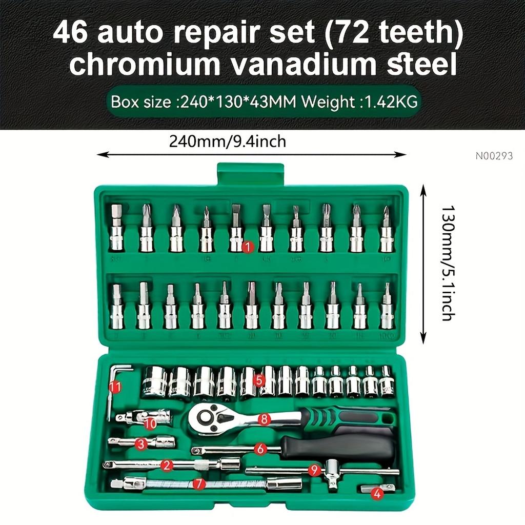 46pcs Set 1/4 Inch Drive Socket Ratchet Wrench Set, With Bit Socket Set Metric And Extension Bar For Auto Repairing
