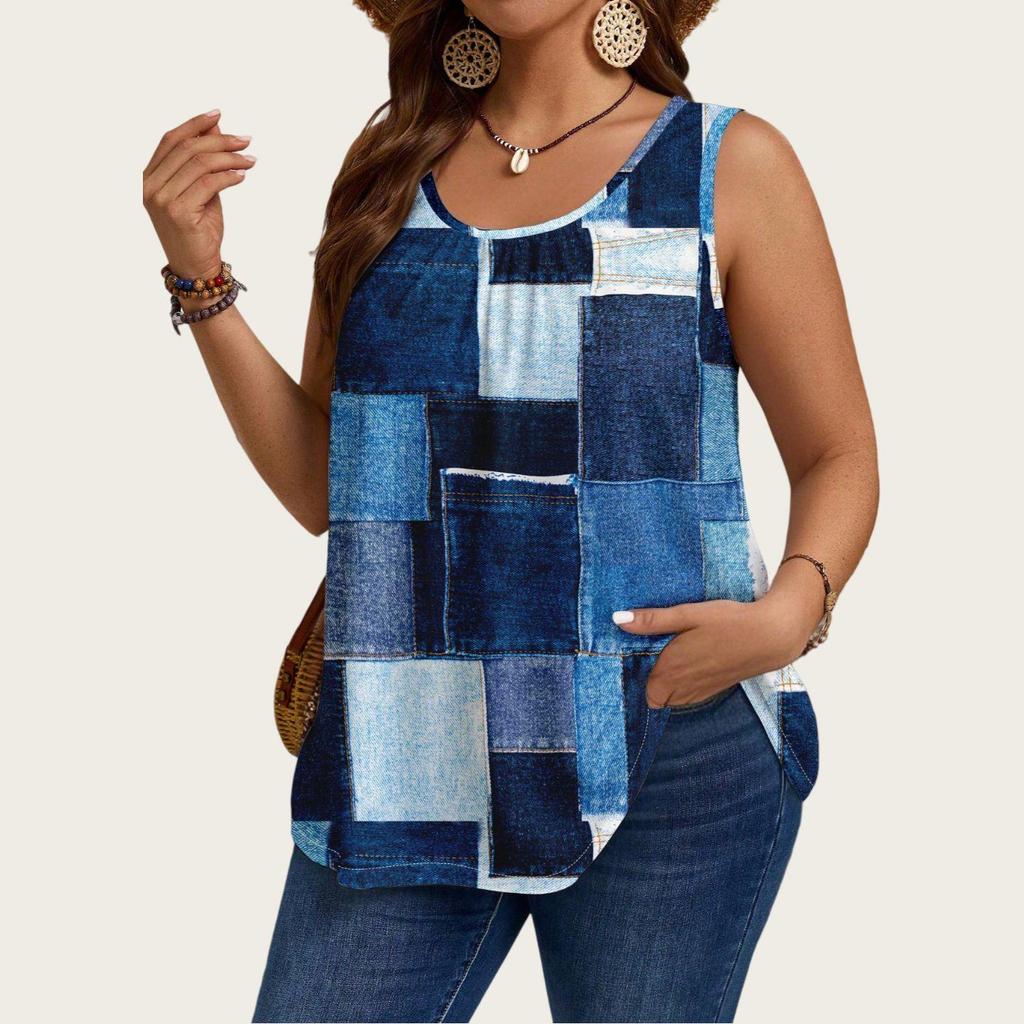 2025 Trendiges Ärmelloses Top mit Denim-Print für Damen in Übergröße - Europäische & Amerikanische Sommer Mode