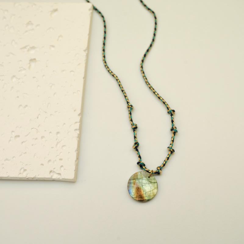 Elegant Blue Braided Rope Labradorite Necklace with Stainless Steel and Natural Stone Pendant