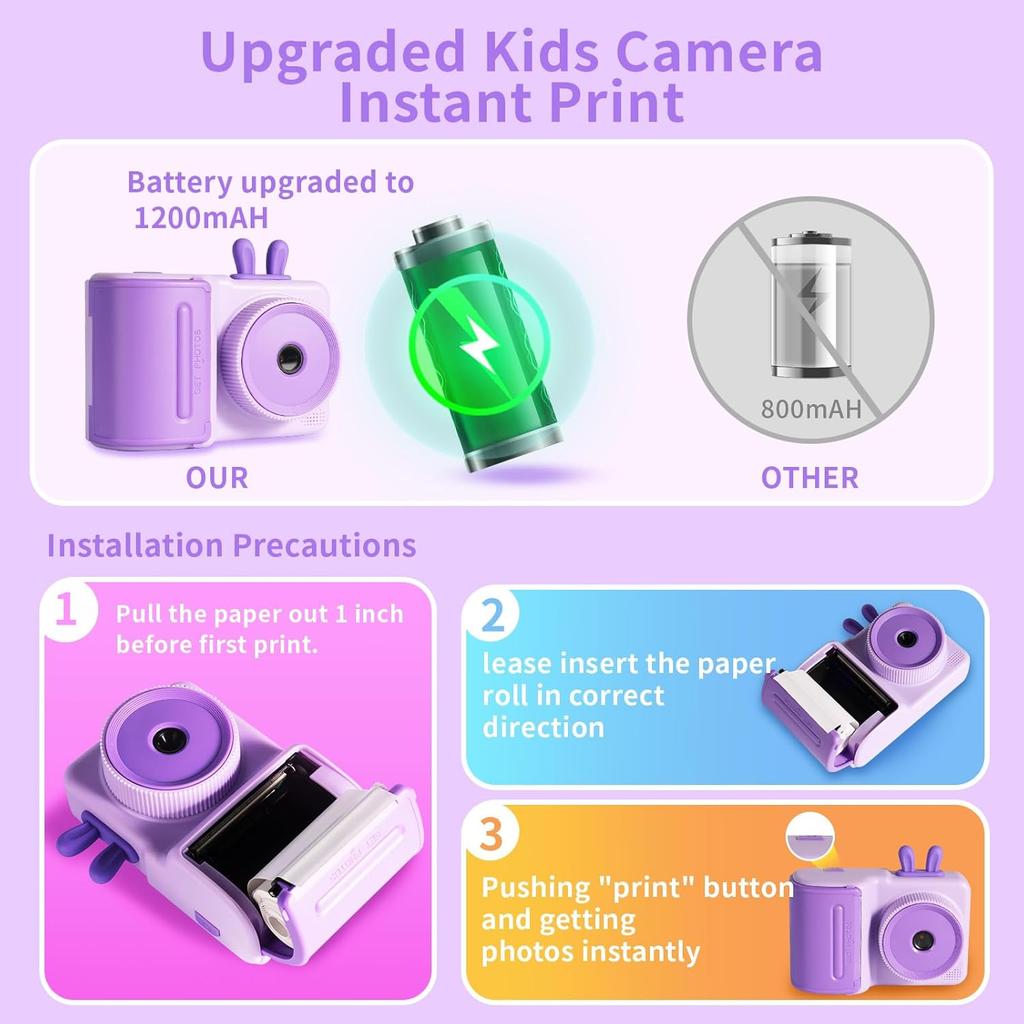 Kids Camera Instant Print Camera for Kids 1080P Toddler Camera That Print Photos Children Instant Cameras Toy for Girls Boys Age 3-12 Travel Kid