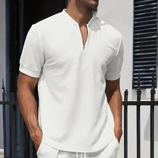 Men Stand Collar Shirt Short Sleeve Color Pullover Zipper Top with Solid Breathable Fitness Tee for Sports Travel Office