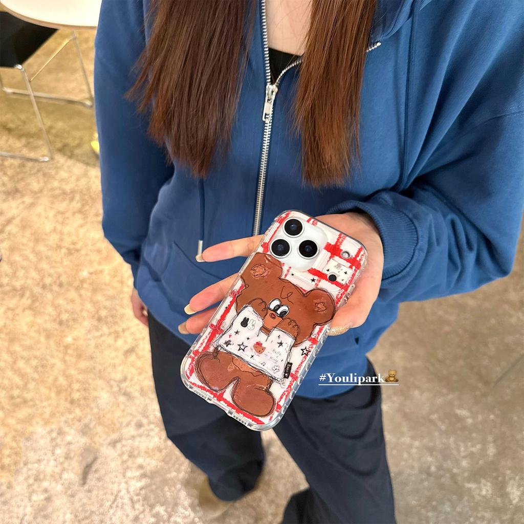 ins Korean autumn and winter 11pro iPhone case cute red plaid graffiti bear 11 cartoon case 11ProMax