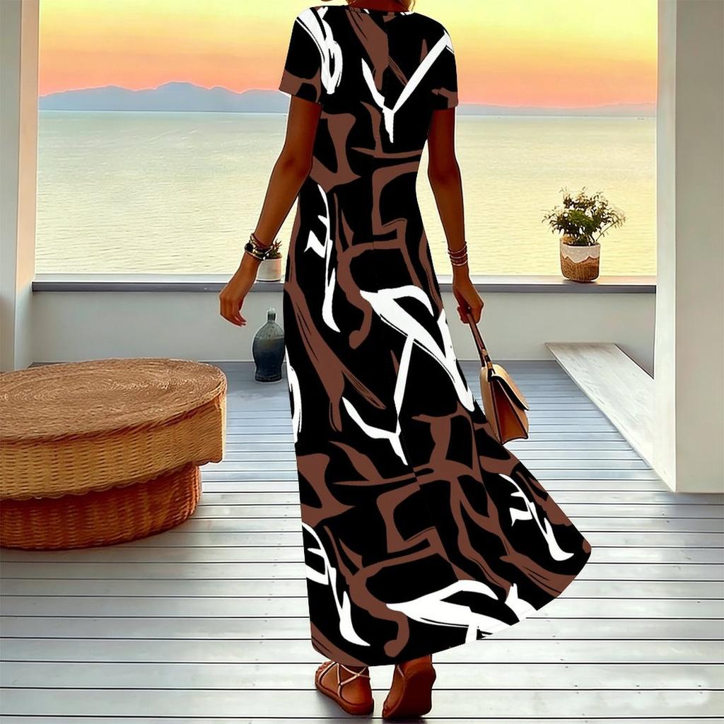 Women Plus Size V Neck Short Sleeve Maxi Dress Camouflage Print Loose Casual Summer Beach Long Dress