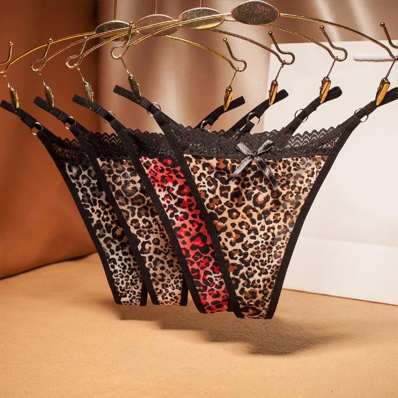 Sexy Leopard Panties Womens Lace Bow Lingerie Breathable Thongs Sheer Mesh Underwear Comfortable Female Briefs
