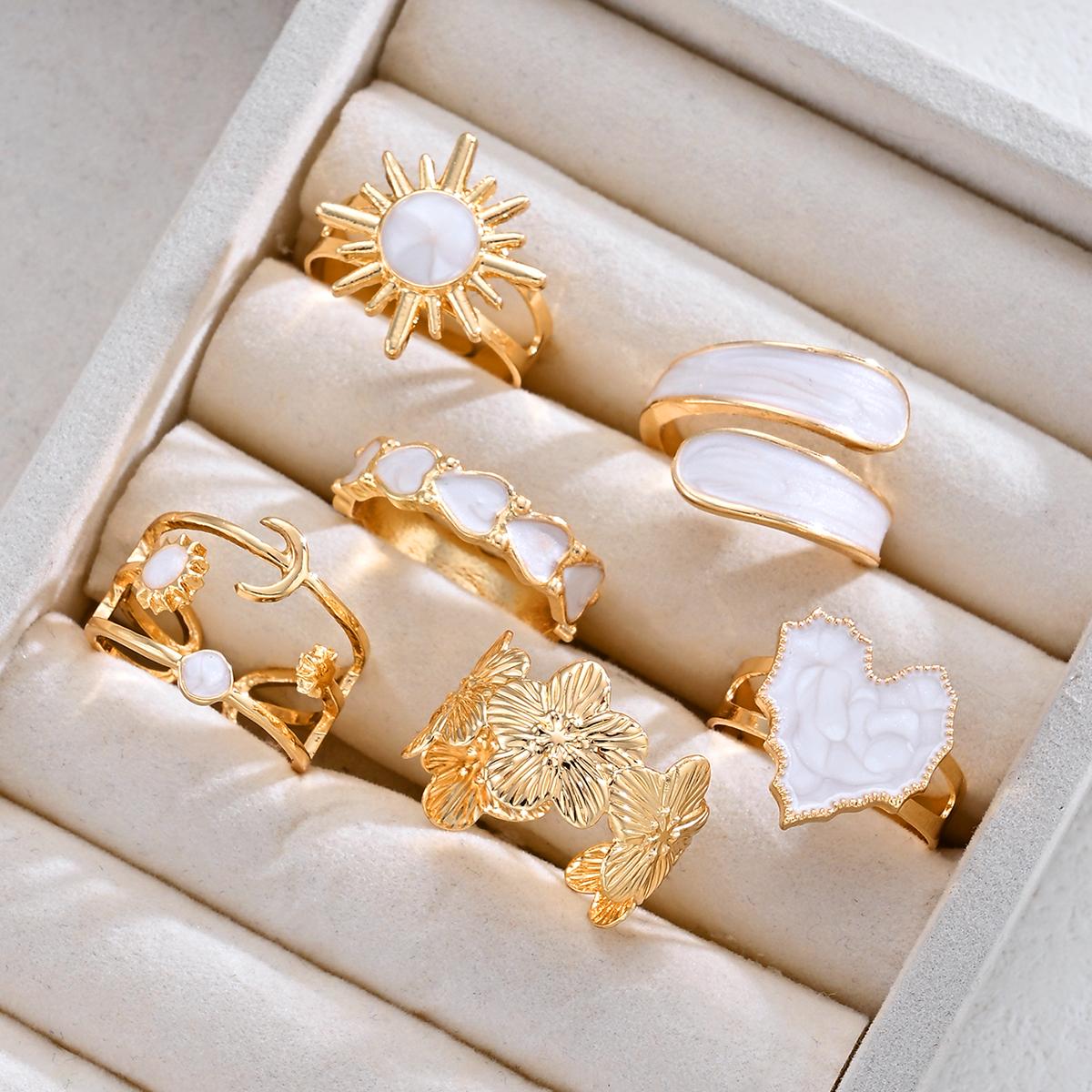 

6-Piece Fashionable Heart-Shaped Sun-Moon Sunflower Geometric Irregular Glitter Drip Ring Set Women s Holiday Party Jewelry