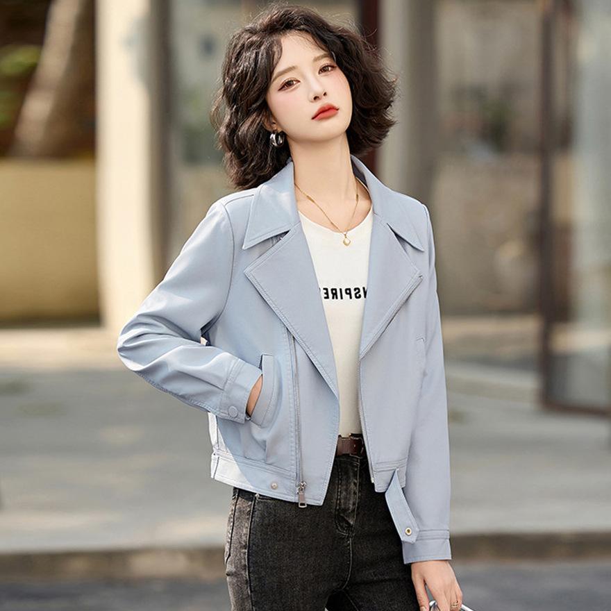 

Дизайнерская текстурированная кожаная куртка женская куртка весна и осень новая однобортная с лацканами топ куртка-локомотив короткая кожаная куртка XL синий