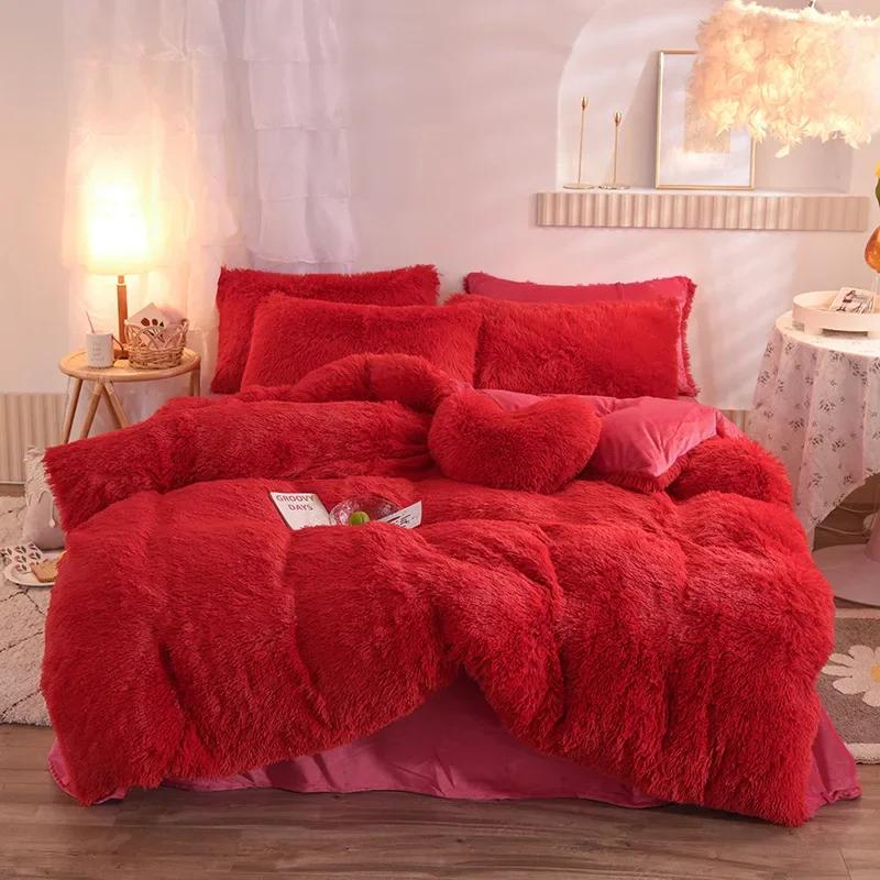 3/4PCS Winter Warm Plush Duvet Cover Pink Mink Velve+fluffy Flannel Quilt Cover Queen King Size Luxury Double Bed Bedding Set