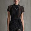 New European and American Style Black Sheer Lace Patchwork Dress, Slimming High-slit Short Skirt with Lace