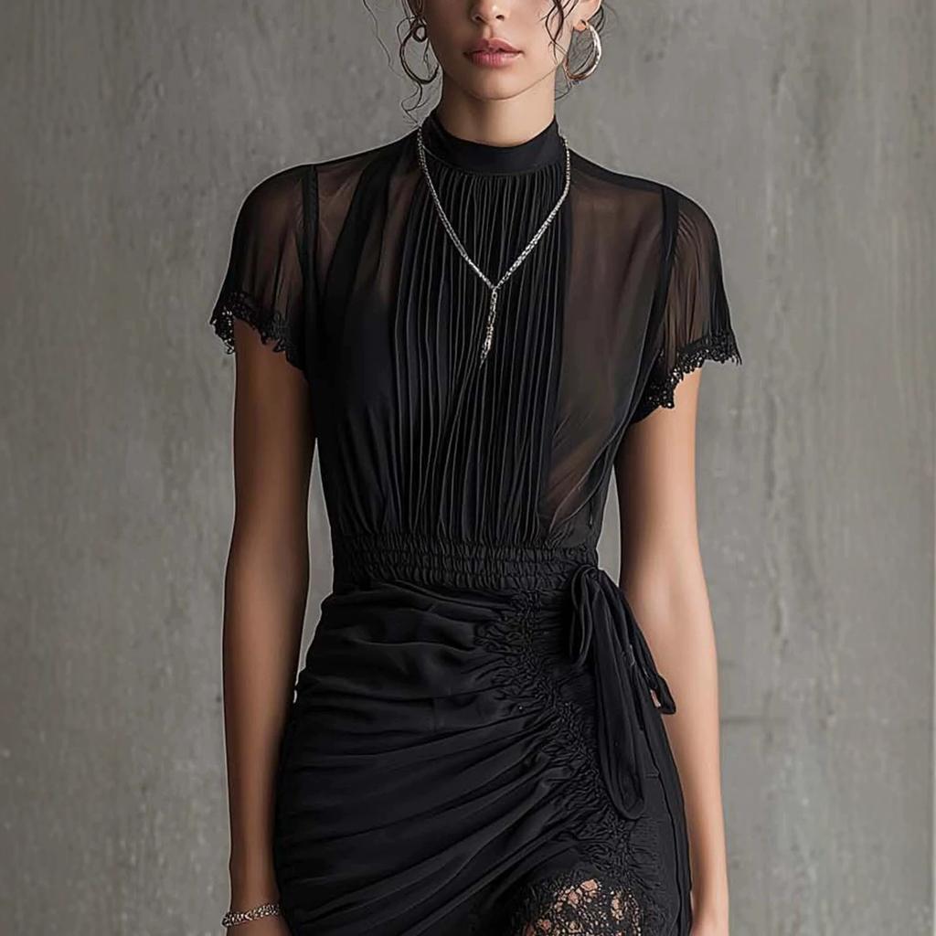 New European and American Style Black Sheer Lace Patchwork Dress, Slimming High-slit Short Skirt with Lace