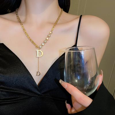 Inlaid Rhinestone D Letter Pendant Long Necklace Sweater Chain Fashion Zircon For Woman Girls Party Gift,For Women Daily Wear
