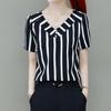 Lady Fashion Women Vintage Stripe Print V-Neck Floral Short Sleeves Top Blouse