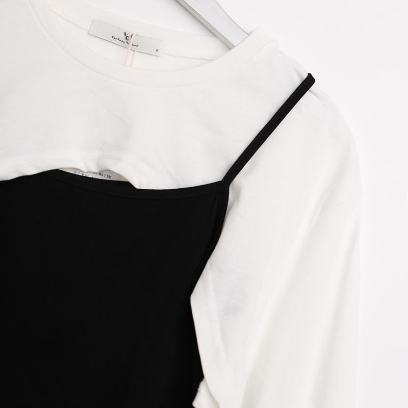 Fake Two-piece Suspender Long Sleeved T-shirt Top Women's Pure Desire Short Top Hottie Streetwear New Fashion Spring and Summer