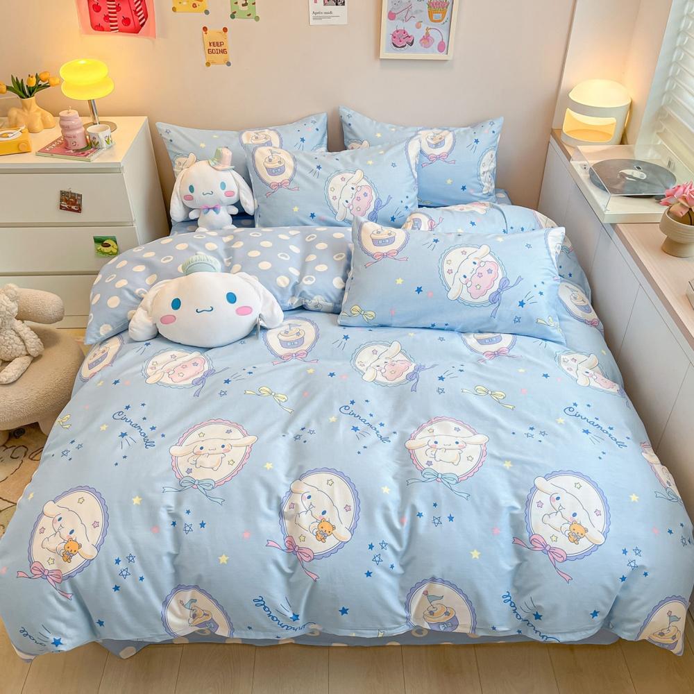 Cartoon Sanrio Kuromi Cinnamoroll Korean Version Sweet Lace Style Pure Cotton Bed Sheet Quilt Cover King Queen Three-Piece Set
