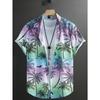 Hawaiian Color Coconut Tree Print Lapel Fashion Men's Shirt 2026 Men's Seaside Resort Casual Style Men's Short-sleeved Shirt