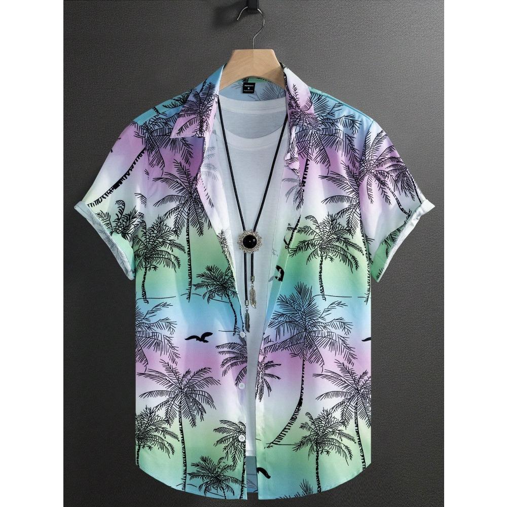 Hawaiian Color Coconut Tree Print Lapel Fashion Men's Shirt 2026 Men's Seaside Resort Casual Style Men's Short-sleeved Shirt
