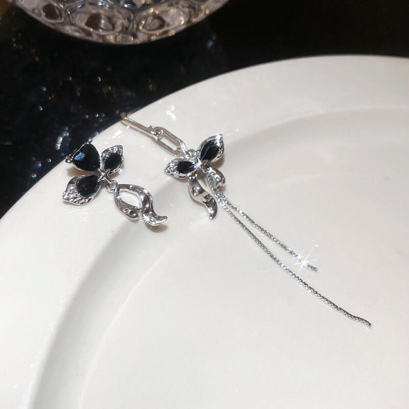 Exquisit Black Zircon Bowknot Tassel Dangle Earrings for Women Girl Korean Style Asymmetry Metal Stud Earrings Jewelry Wholesale