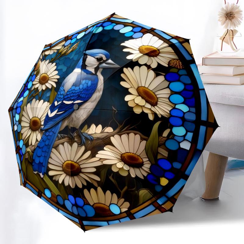 Blue Jay  Daisies Automatic Open/Close Umbrella with 8-Rib Sturdy Frame - Large Blue Jay Bird  Floral Design in Blue, White,