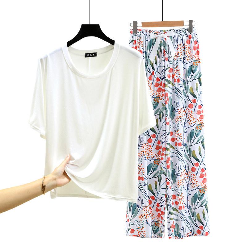 T-shirt girocollo in modal con pantaloni a gamba larga floreali in popeline Set pigiama estivo sottile Tuta casual larga per dormire Loungewear comodo tutto da abbinare