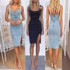 Abito midi in denim da donna con scollo a U e spalline sottili, vestibilità aderente, spacco posteriore con cerniera, abito estivo aderente