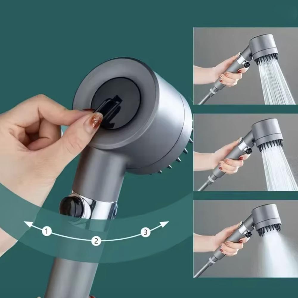 4-Mode Handheld Filter Shower Head Set - Adjustable Spray with Massage Brush, 1.5m Stainless Steel Hose, Adhesive Bracket