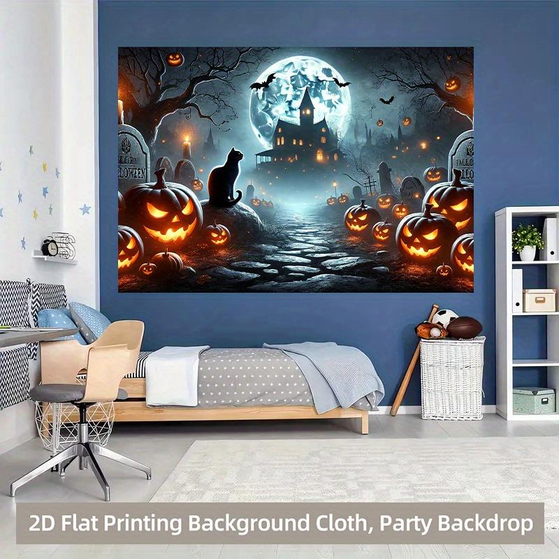 1 Piece of 2D Background Fabric a Vibrant Polyester Background Depicting Pumpkins and Cats In a Halloween Cemetery Setting